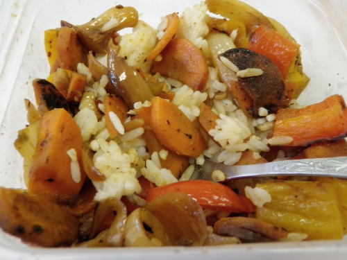 peppers, carrots, onions, and rice